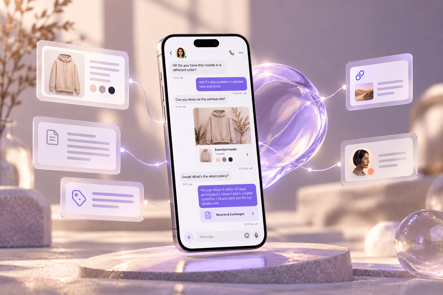An AI-assisted product conversation connected to product, policy, link, and human-handoff information.